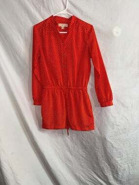 Michael Kors Red and White Polka Dot Long Sleeve Drawstring Romper